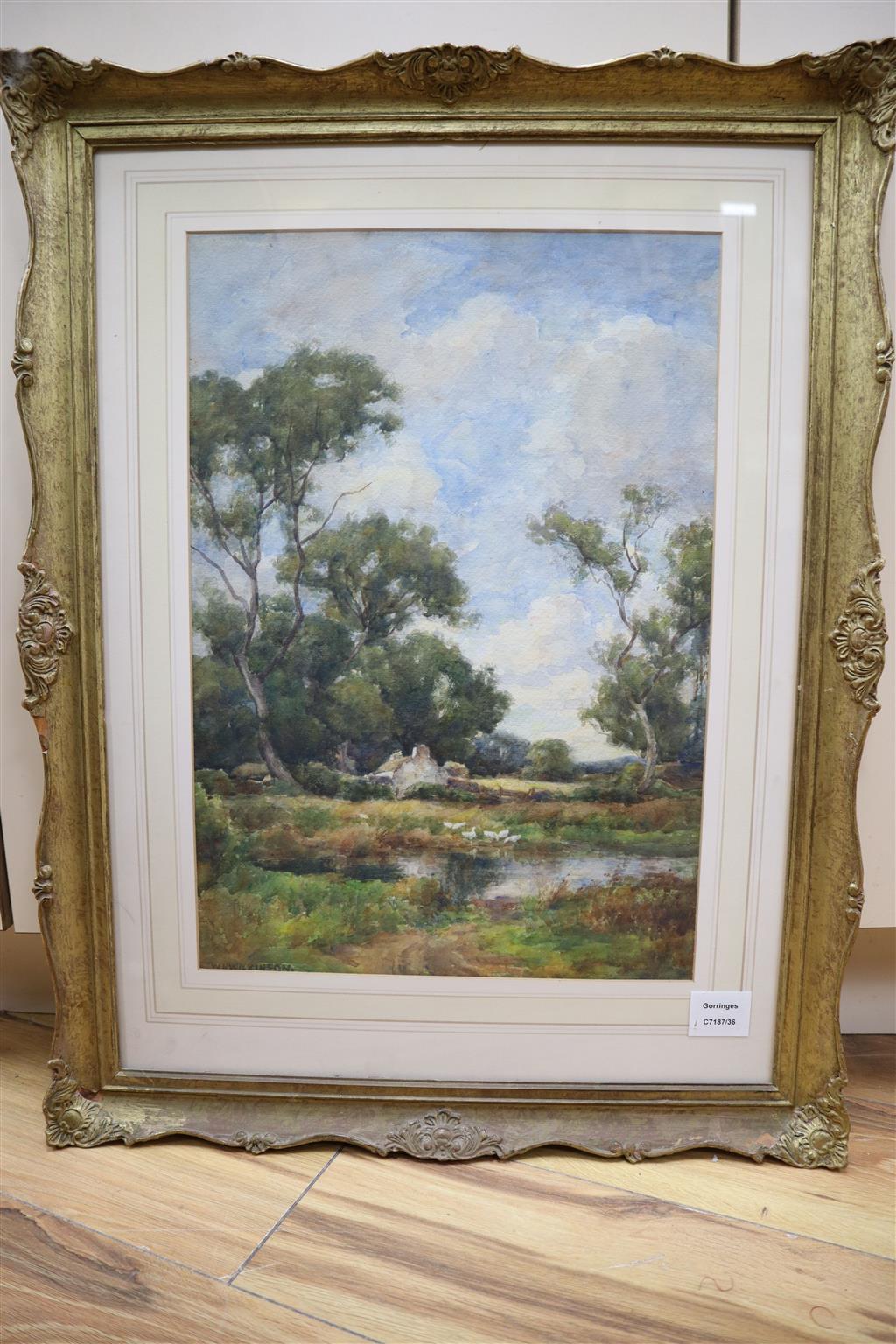 W. H. Wilkinson (1856-1934), watercolour, Geese in a landscape, 47 x 32cm